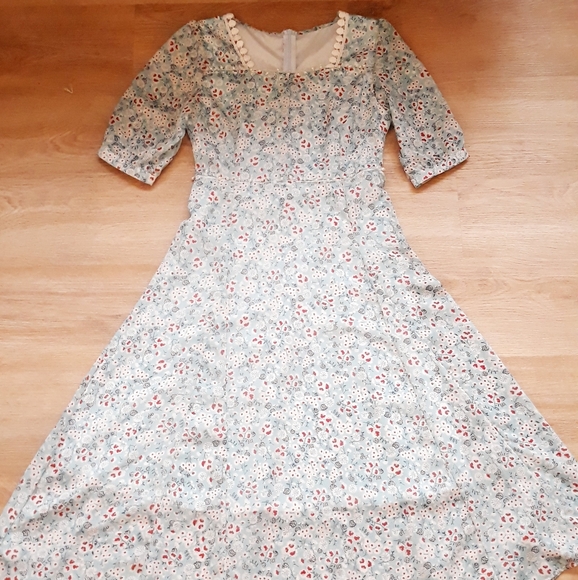 Vintage Blue Floral Print Liberty Dress Sz Small - Puff Sleeves Pearl Trim Dress - Picture 5 of 13